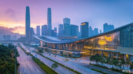 Obraz premium Cityscape at dawn, modern architecture, highway.