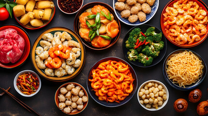 Fototapeta premium Authentic Chinese Cuisine Displayed in Vibrant Bowls with a Rich Variety of Dishes : Generative AI