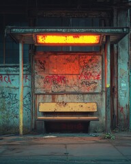 A bus stop with an empty advertising billboard in an urban setting with fallen leaves on the ground and a bus passing by in the background. Generative AI