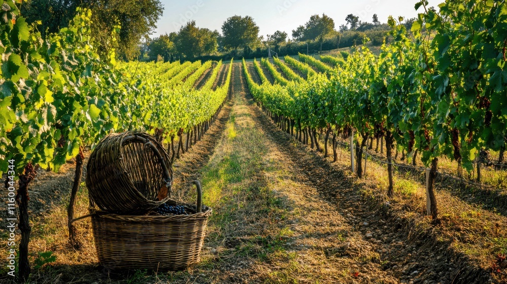 Poster a serene vineyard with neatly aligned rows of grapevines, viticulture tools and harvest baskets set 