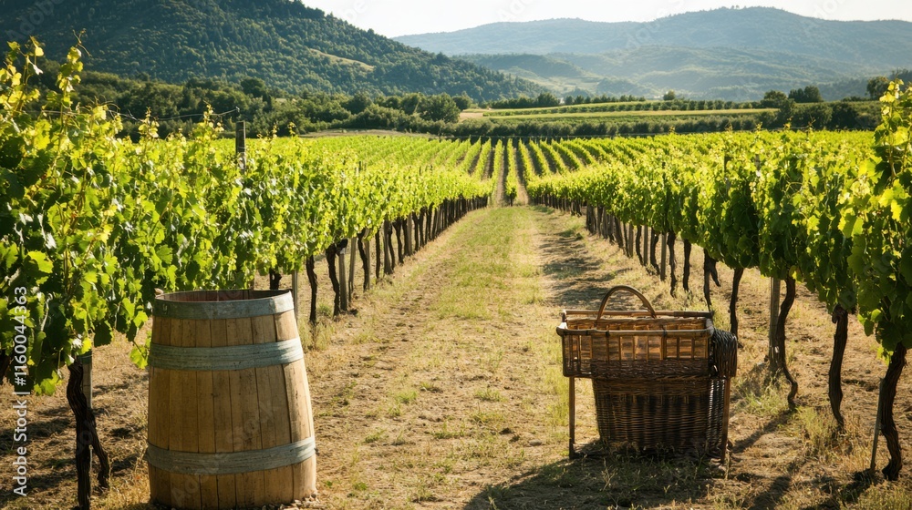 Poster A serene vineyard with neatly aligned rows of grapevines, Viticulture tools and harvest baskets set up for wine production, Classic photo of