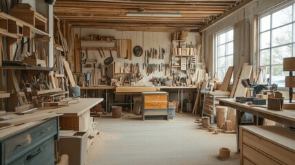 A serene woodworking studio with carpentry tools and sawdust-covered workbenches, Woodworker's tools arranged near stacks of lumber, Woodworking sanctuary style