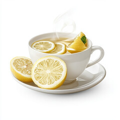 Steaming cup of honey lemon tea with lemon slices and garnish isolated design on white background