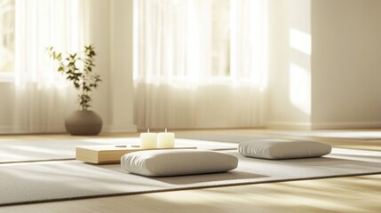 A serene yoga and meditation room with mats and cushions, Yoga blocks, meditation cushions