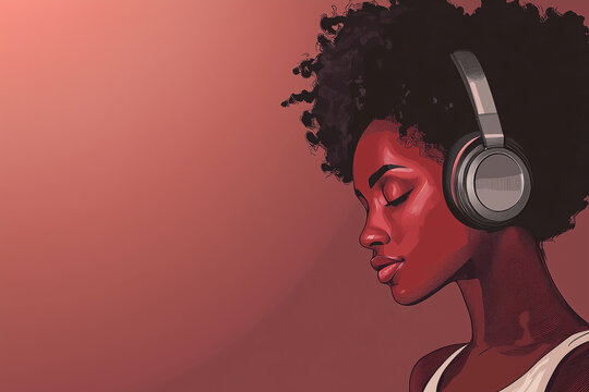 Beautiful African American woman listening on headphones. Social media player application. Generative ail