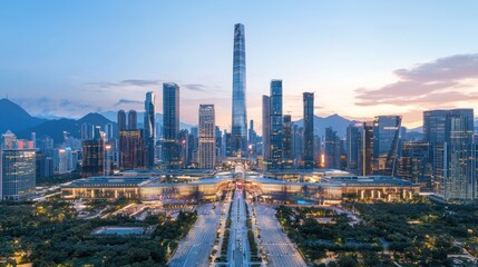 City skyline at dusk, skyscrapers, modern architecture, urban landscape.