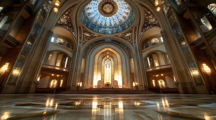 Majestic Stained Glass Dome in Grand Cathedral Interior with Ornate Lighting : Generative AI