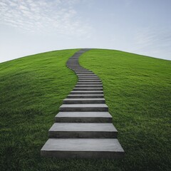 Concrete Steps Winding Up a Lush Green Hill - Inspiring Path to Success