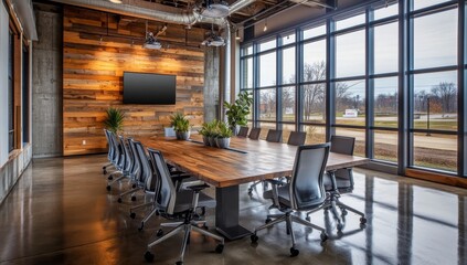 Modern industrial conference room with large windows, reclaimed wood wall, and long wooden table.