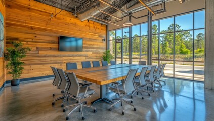 Naklejka premium Modern conference room with wood wall, large windows, and sleek furniture.