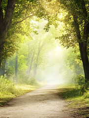 Obraz premium Sunlit Woodland Pathway with Lush Green Foliage and Serene Atmosphere : Generative AI