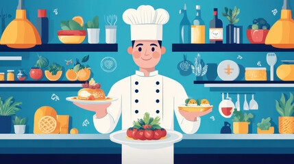 A cheerful chef displays two delicious dishes in a vibrant kitchen filled with fresh ingredients and culinary tools.