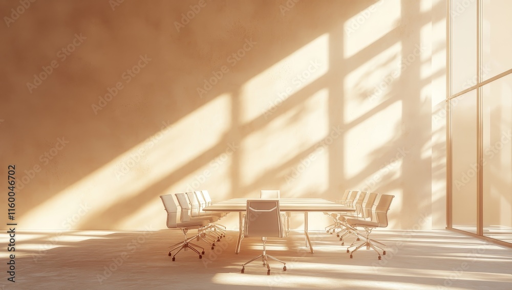 Aufkleber sunlit modern conference room with empty chairs and table.