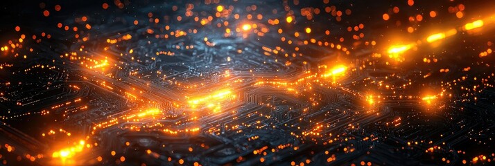 Obraz premium A glowing circuit-like pattern with bright orange lines and sparks against a dark background.