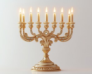 Fototapeta premium Ornate gold menorah with lit candles on white background.