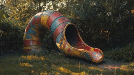 Abandoned colorful spiral playground slide in overgrown park.