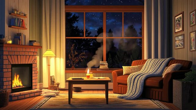 A cozy living room with a fireplace, the night outside the window, a cozy blanket on the sofa and a coffee table, a cartoon-style vector illustration, flat design, colorful, 