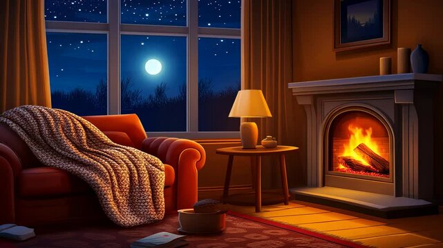 A cozy living room with a fireplace, the night outside the window, a cozy blanket on the sofa and a coffee table, a cartoon-style vector illustration, flat design, colorful, 