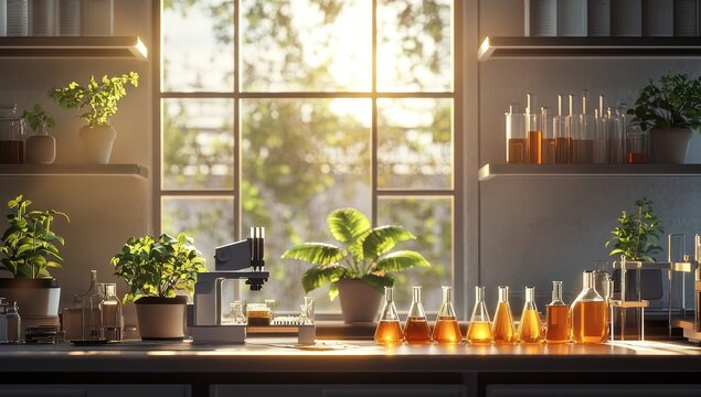 Sunlit botany lab with plants, glassware, and equipment.