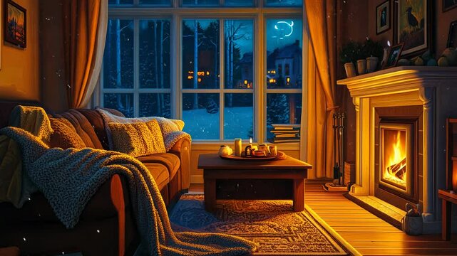 A cozy living room with a fireplace, the night outside the window, a cozy blanket on the sofa and a coffee table, a cartoon-style vector illustration, flat design, colorful, 