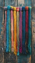Colorful Yarn Strands Hanging on Rustic Wooden Background
