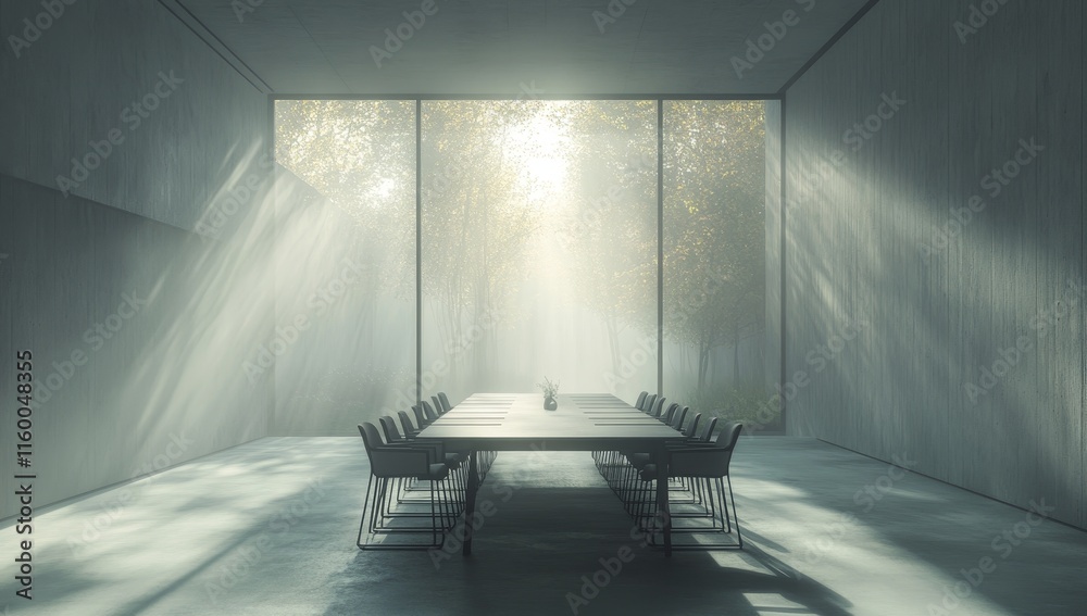 Poster sunlit minimalist conference room with large window overlooking autumnal forest.