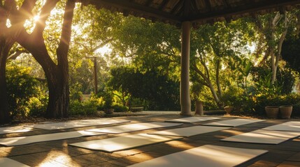 A serene yoga session in a peaceful garden pavilion, Yoga mats arranged under leafy trees, Zen relaxation style