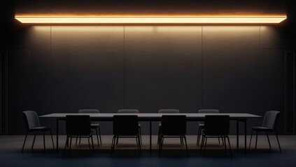 Dark room with long table and chairs, illuminated by warm overhead lighting.