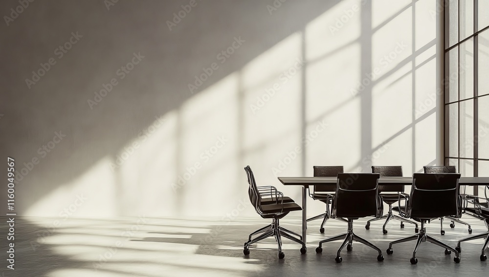 Poster sunlit modern conference room with empty table and chairs.