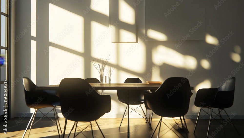 Poster sunlight streams through window illuminating modern dining area with six black chairs and wooden tab