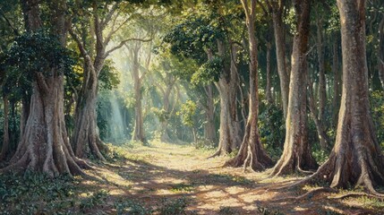 Obraz premium Sunlit path through lush forest with large trees and exposed roots.