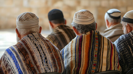 Fototapeta premium Men wearing traditional woven shawls seated in contemplative pose : Generative AI