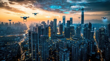 Fototapeta premium Drones flying over futuristic city at sunset.