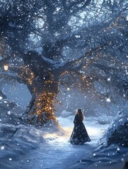 Enchanting Winter Fantasy Scene Featuring a Mystical Dragon, Dryad, and Snow-Covered Landscape with Glowing Lights and Christmas Spirit