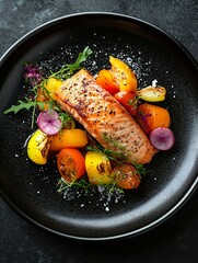 Gourmet Baked Salmon with Grilled Heirloom Tomatoes on Elegant Black Plate : Generative AI