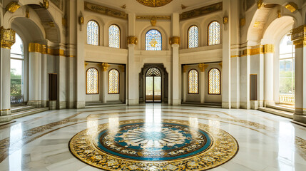 Obraz premium Grand marble hall with intricate mosaics and ornate gold details reflecting opulence and history : Generative AI