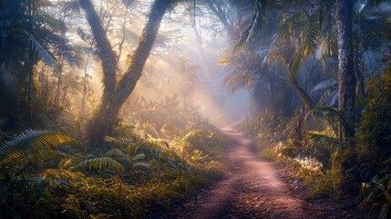 Obraz premium Sunlit path through a mystical, fog-filled jungle.