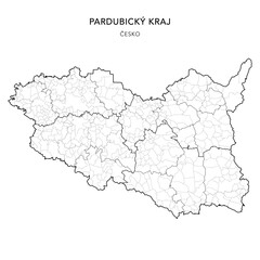 Political Map of the Pardubice Region (Pardubický kraj) with Districts (Okres), AD MEC (SO ORP), AD CLA (SO POU) and Municipalities (Obcí) as of 2024 - Czechia/Czech Republic (Česko) - Vector Map