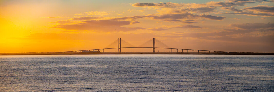 panorama of sunset over the Sidney Lanier Bridge in Brunswick, GA