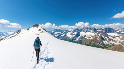 Adventurer Hiking on Snowy Mountain Trail Surrounded by Majestic Peaks Under a Vibrant Blue Sky in the Alps During a Clear Summer Day