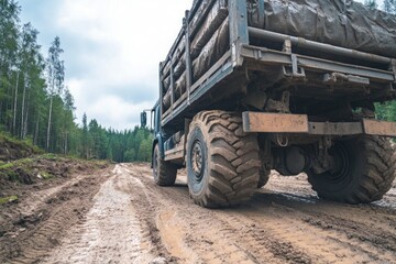 Heavy Duty Truck on a Muddy Forest Road. Powerful Timber Transport