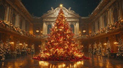 Fototapeta premium A grand Christmas tree adorned with lights and decorations in an opulent hall.