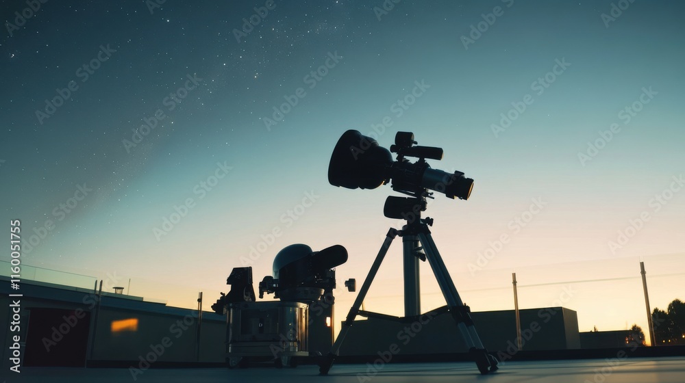 Poster a sophisticated telescope setup on a quiet rooftop terrace, telescope and astronomy tools precisely 