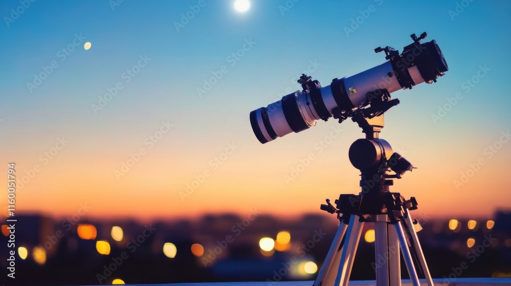 Poster a sophisticated telescope setup on a quiet rooftop terrace, telescope and astronomy tools precisely 