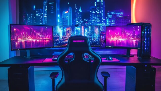 Neon-lit gaming setup with triple monitors, city backdrop.