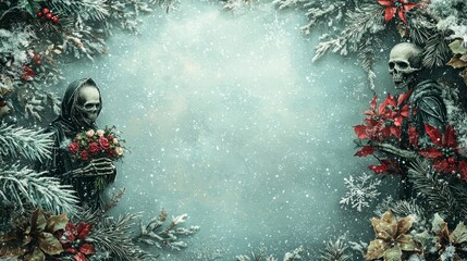 Dark Fantasy Christmas Border Featuring Skeletons with Floral Arrangements Amongst Snowfall and Pine Foliage in a Dreamlike Atmosphere