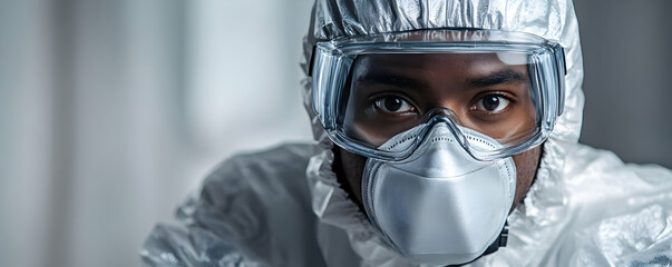 A person in protective gear, focused and ready for a task, emphasizing safety and health.
