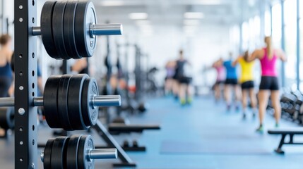 Fototapeta premium Gym interior featuring a rack of dumbbells in focus with blurred athletes exercising in colorful attire, highlighting fitness and strength training environment