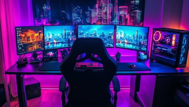 Futuristic gaming setup with triple monitors, RGB lighting, and comfortable chair.