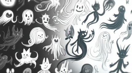 Fototapeta premium A whimsical illustration featuring various playful ghosts and mythical creatures in contrasting black and white tones.